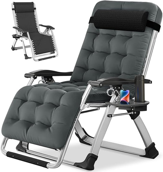 NAIZEA Padded Zero Gravity Chair, Folding Outdoor Lounge Chairs, Adjustable Reclining Camping Chairs with Cup Holder, Ergonomic Patio Lawn Chair for Balcony Beach Deck Yard