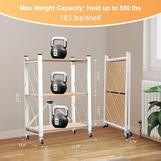 3 Tier Folding Shelf with Wheels, Metal Steel Collapsible Shelves, Folding Bookshelf no Assembly, Portable Folding Storage Shelves, Rolling Standing Utility Rack for Kitchen, Office, Bedroom, Natural
