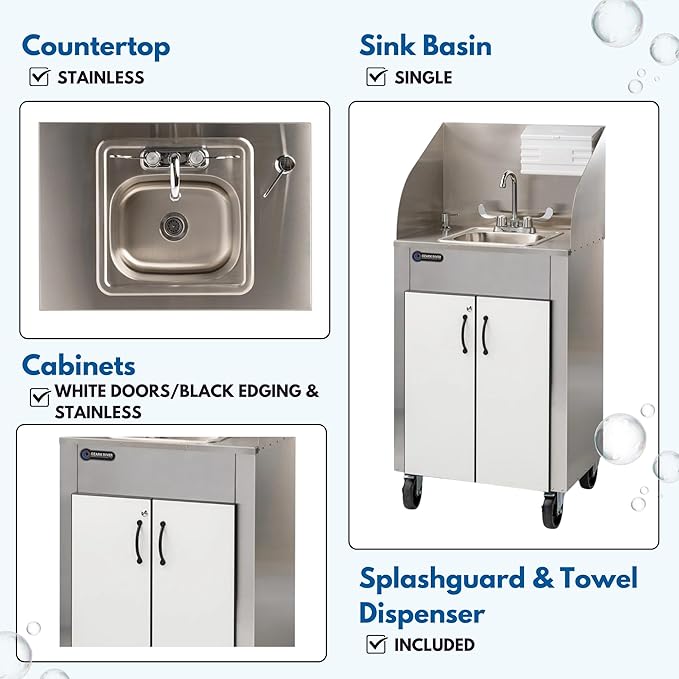 Ozark River Portable Sinks Elite PRO1, Free Standing Portable Concession Sink, Commercial Restaurant Portable Sink with Hot Water, Stainless Food Service Sink, White & Black Doors-Splashguard