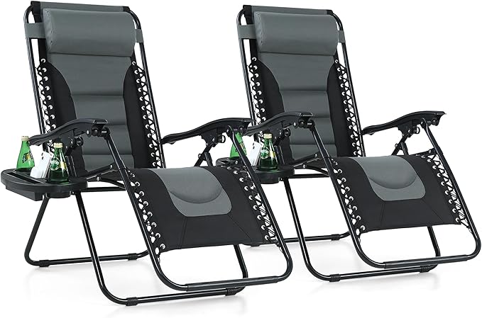 MAISON ARTS Padded Zero Gravity Lawn Chairs Set of 2 Foldable Recliner Anti Gravity Lounge Chairs w/Pillow & Cup Holder Outdoor Camp Chairs for Poolside Backyard Beach Support 350LBS Grey