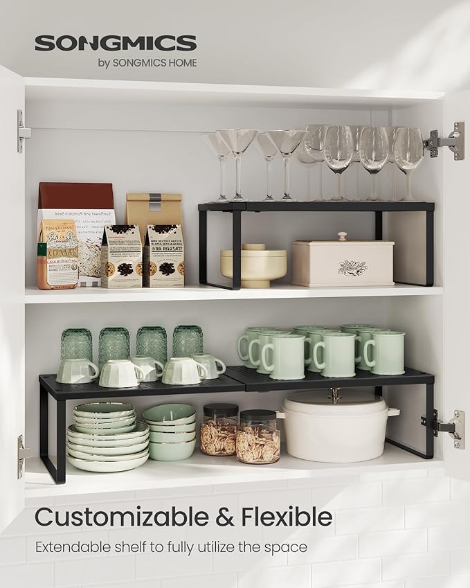 SONGMICS Spice Racks, Set of 2 Expandable Kitchen Countertop Shelves, Small Cupboard Organizers, Metal, Space-Saving Tabletop Shelves, Matte Black UKCS402B01