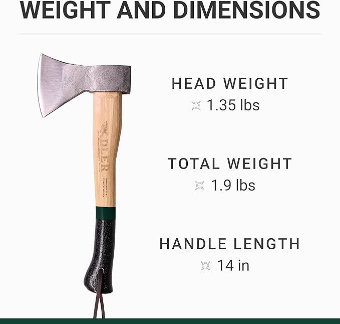 The Rheinland, 14", German Forged, All-Purpose Wilderness Camping Hatchet, Kindling Splitting & Branch Limbing, Anti-Slip Wood Handle (Green Stripe)