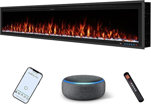 Benrocks 88'' Smart Electric Fireplace Inserts, WiFi-Enabled Recessed & Wall Mounted Fireplace, 13 * 13 * 3 Color Combinations, App Control Fireplace Heater, Timer, Logs & Crystals 750/1500W Black