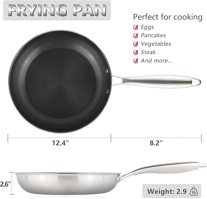 Stainless Steel Nonstick Frying Pan, Hybrid Ceramic 12-Inch Frying Pans, Stay-Cool Handle, PFAS & PFOA PTFE Free, Dishwasher & Oven Safe, Scratch-Resistant, Compatible with Induction & All Cooktops