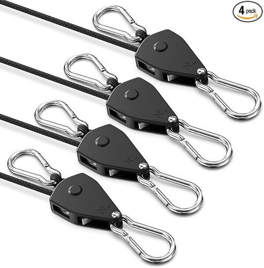 VIPARSPECTRA Retractable Heavy Duty Ratchet Tie Down Straps [4 Pack, 8ft, 75lbs/Pack], Rope Pulley System Rollers with Carabiner Hook for Kayak/Hanging Plants/Grow Light/Tents Various Tie-Down Uses
