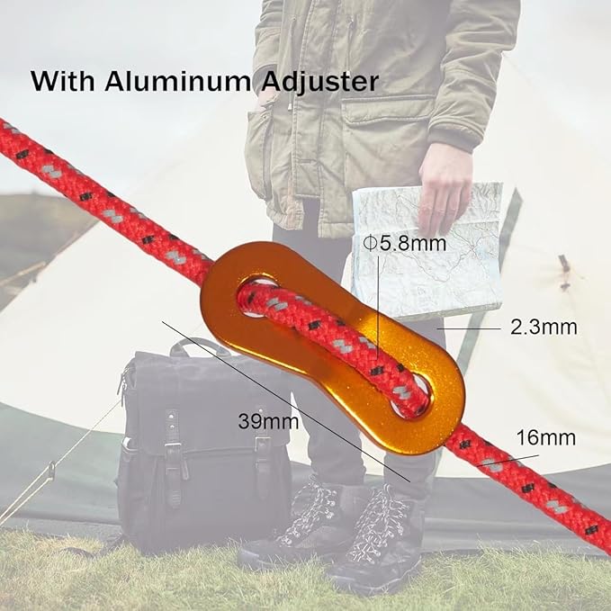 16.4ft 6 Pack 4mm Guy Lines Ultralight Tent Cords with Aluminum Adjuster Tensioner Outdoor Camping Guylines Ropes for Tent Tarp,Climbing,Hiking Backpacking (Red)