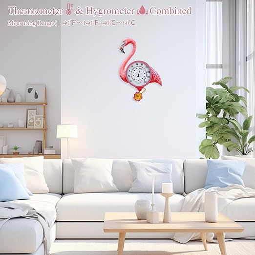 Large Outdoor Thermometer, Flamingo Wall Thermometer Hygrometer No Need Battery, Retro Sun Outside Thermometer Decoratibve for Backyard, Garden, Living Room