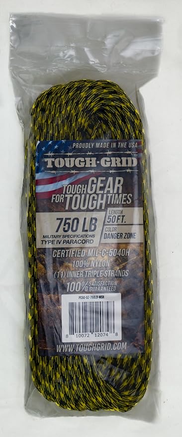 TOUGH-GRID Paracord Rope 750 lbs Nylon Parachute Cord, Made in USA Survival Kit, Outdoor Adventures, Camping, Tactical Gear & Emergency Supplies, Military Type IV Mil-Spec