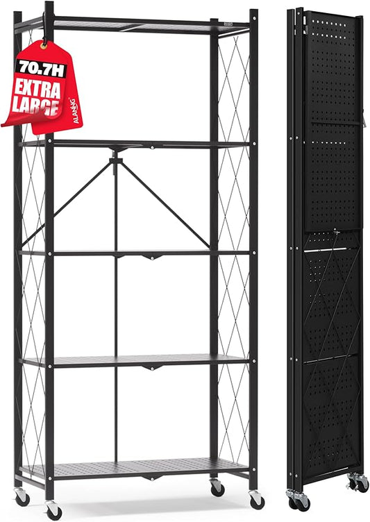 ALANNG 70.7" H Metal Storage Shelves, 5 Tier Folding Shelf on Wheels, Heavy Duty, No Assembly, Rolling, Collapsible Rack Unit for Kitchen, Basement, Pantry (Black,1 Pack)