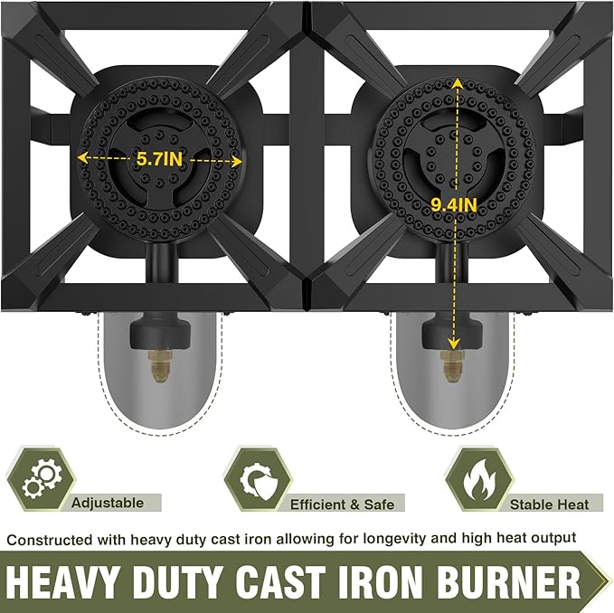 BESTFIRE High Pressure Double Propane Burner - Dual 150,000 BTU Commercial Outdoor Burner for Wok, Turkey Fryer, Seafood Boil - Heavy Duty Cast Iron with Adjustable Regulator Hose