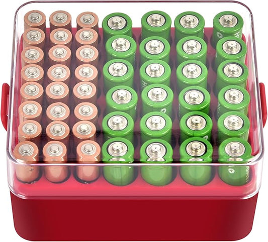 ALCYON Battery Organizer Storage Case, Battery Vault Box Container for 48pcs AA AAA Batteries, Plastic Clear Protective Battery Holder for Travelling/Home/Office (Red, Medium)