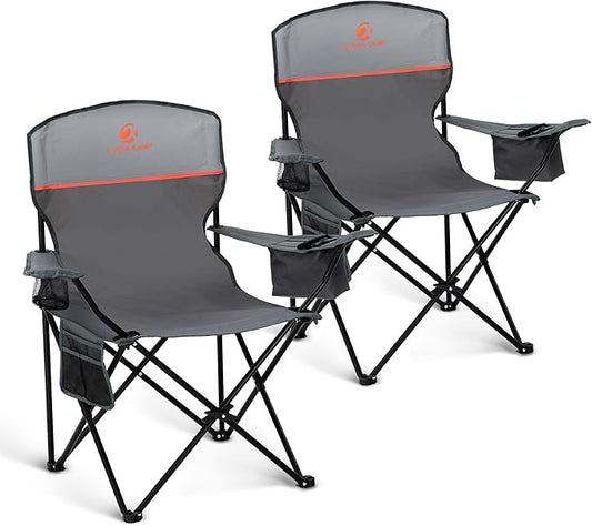 LET'S CAMP Camping Chair 2 Pack Folding Chair with 3-Can Cooler Bag Portable Lawn Chair with Cup Holder,Storage Pocket, Supports 225LBS, Collapsible Chair for Camp, Beach, Picnic (Grey)