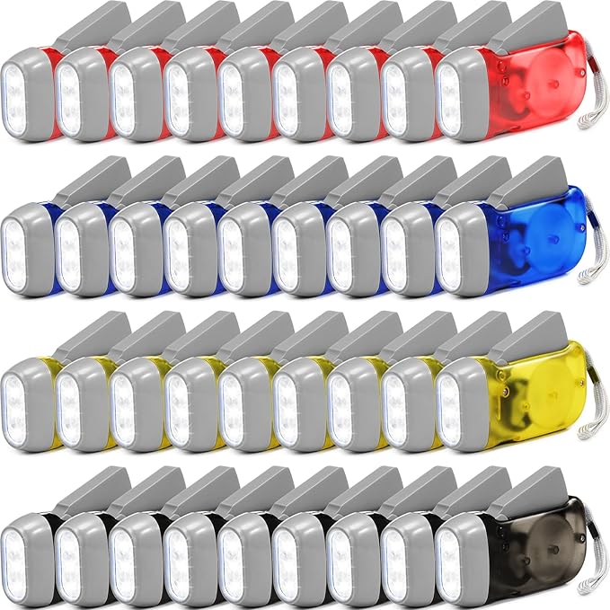 Treela 36 Pcs Hand Crank Flashlights Operation Christmas Items Bulk Squeeze Flashlight No Battery Required Torchlight 3 Powered Charging for Emergency(Yellow, Gray, Blue, Red)