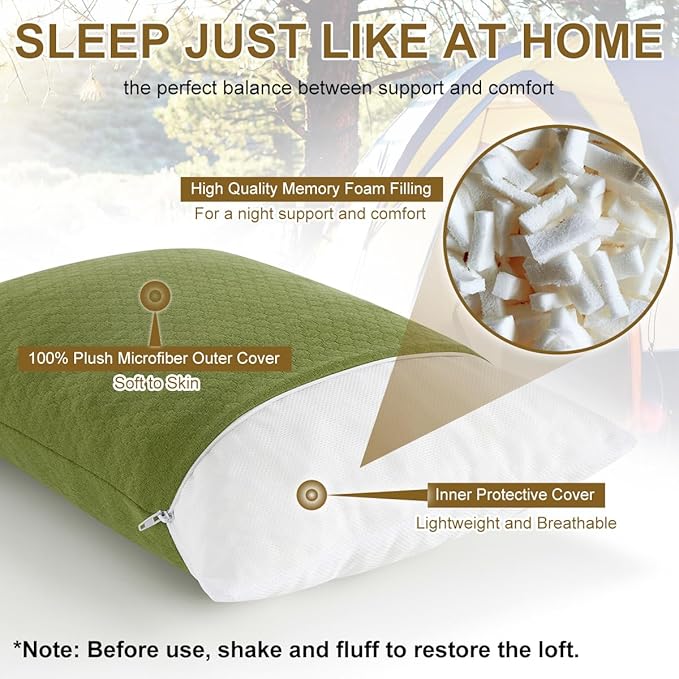 Ivellow Memory Foam Travel Pillow Compressible Camping Pillow for Sleeping Shredded Memory Foam Pillow Compact Firm Supportive Small Pillow for Adults Kids Outdoor Backpacking Hiking Essential Gear-M