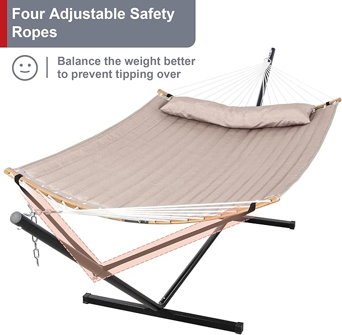 Double Hammock with 12 FT Stand, 2 Person Curved Bar Hammock with Stand, Pillow and Portable Carrying Bag, Heavy Duty 450lbs Capacity, Tan
