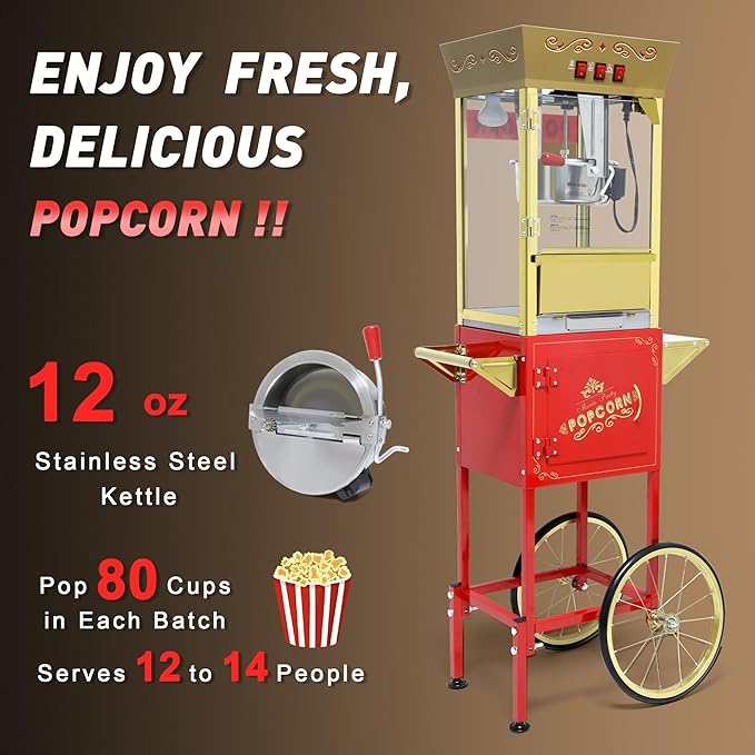 Popcorn Maker Machine - Professional Cart With 12 Oz Kettle Makes Up to 80 Cups, Stainless Steel Vintage Commercial Popcorn Machine Movie Theater Style (Red)