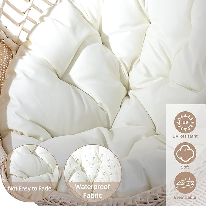 TWT Hanging Egg Chair with Stand, 330lbs Capacity Patio Wicker Egg Swing Chair with UV Resistant Cushion for Bedroom Garden Indoor Outdoor (Beige)