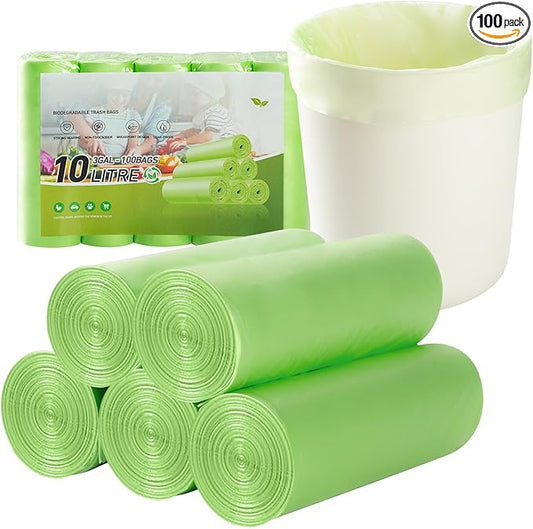 3 Gallon Small Trash Bags 100 Count Biodegradable Mini Garbage Bags Leakproof & Tear Resistant Trash Can Bin Liners Fit Bathroom, Office, Car, Diaper Pail Unscented Green