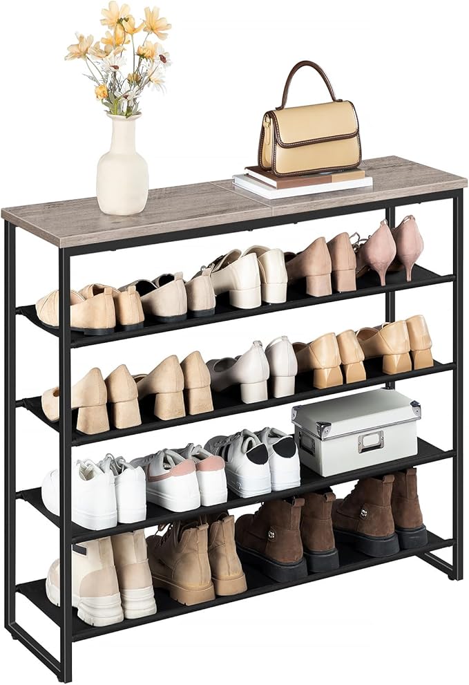 HOOBRO Shoe Rack, 5 Tier Shoe Storage Organizer with 4 Oxford Fabric Shelves and Top Panel, Holds 16-20 Pairs of Shoes, for Entryway and Closet, Industrial, Greige and Black BG50XJ01