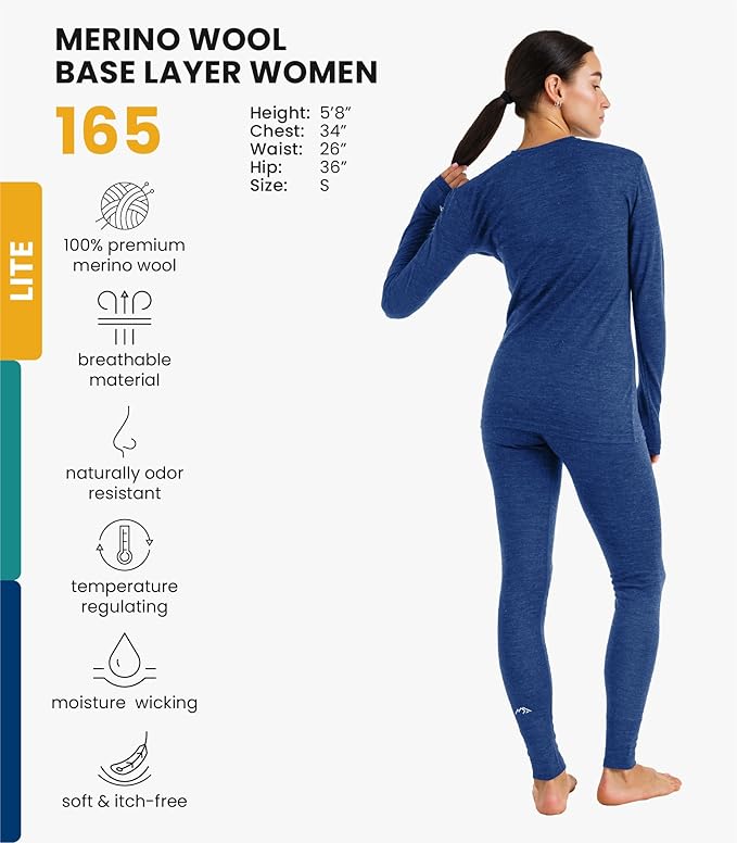 Merino.tech Merino Wool Base Layer Women Set - Heavyweight, Lite, Midweight Merino Thermal Underwear For Women Top, Bottom