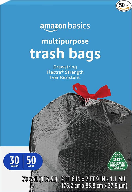 Amazon Basics 30 Gallon Flextra Strength Multipurpose Drawstring Trash Bags, 20% Post Consumer Recycled, 50 count