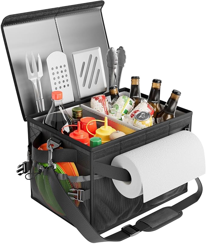 FANGSUN Grill Caddy, BBQ Caddy with Lid & Paper Towel Holder, Picnic Griddle Caddy for Outdoor Camping, Barbecue Accessories Organizer for Utensil Grilling Tool, Must Haves for Camper, Tailgate, RV