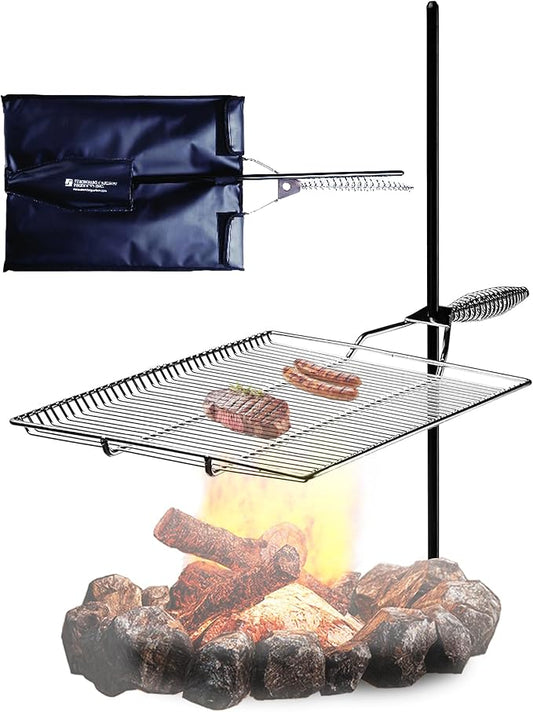 Stromberg Carlson Stake & Grill – Portable Camping Grill Grate for Outdoor Camping, Backpacking, and RV Use, Campfire Cooking Equipment for Fire Pit Cooking, Silver, 15"x22" w/ 36" Long Stake