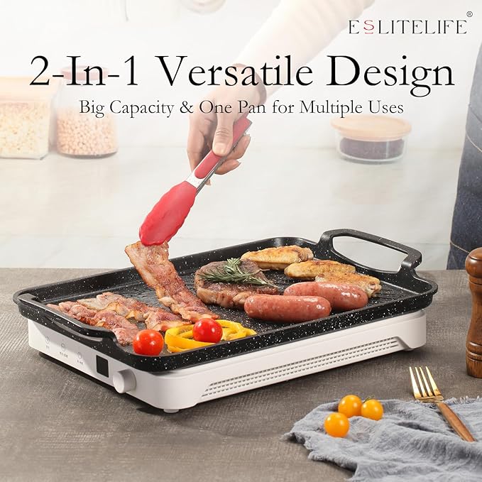 ESLITE LIFE 11" x 17" Nonstick Grill Pan for Indoor Cooking & Outdoor Grilling, Versatile 2-In-1 Induction Large Steak Pan for Stove Tops, PFOA Free, Black