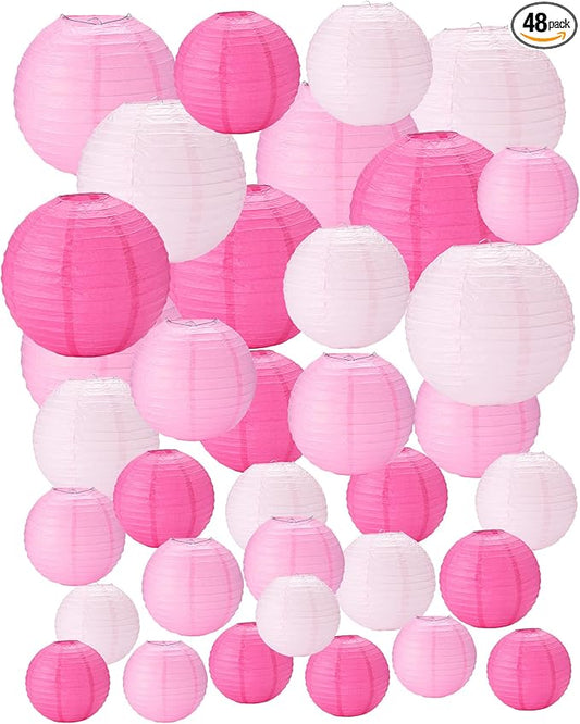 Treela 48 Pcs Paper Lanterns Party Decorations Chinese Round Paper Lanterns 4/6/8/10 Inch Asian Hanging Lamps Decorative for Birthday Party Supplies (Pink Series)