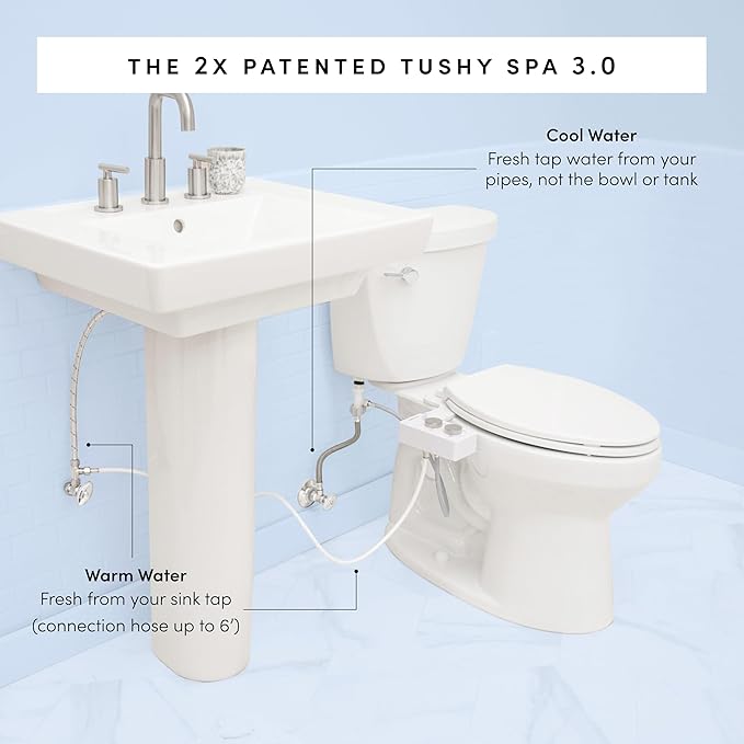 TUSHY Spa Royale Warm Water Bidet Seat Attachment. Self Cleaning Water Sprayer, Adjustable Pressure Nozzle, Angle Control. (Requires Sink Access for Water Temperature Control), Gold Knobs