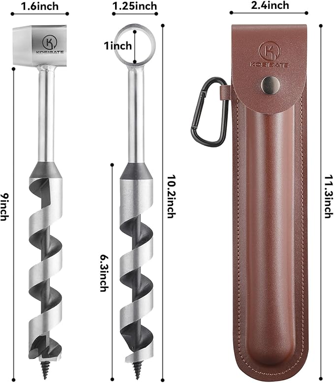 Kosibate Bushcraft Gear, Hand Auger Wrench for Easy Wood Drilling - Settlers Wrench and Bushcraft Tools Perfect for Camping and Woodworking Tasks-Scotch Eye Wood Drill with Leather Case Brown.