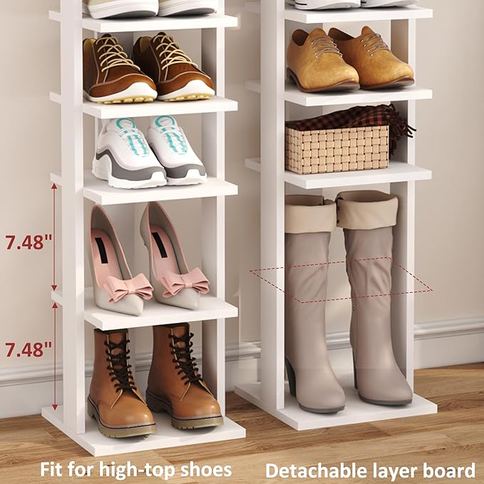 HOMEFORT 7-Tier Wood Shoe Rack, Entryway Shoe Tower,Vertical Shoe Organizer, Wooden Shoe Storage Stand, White