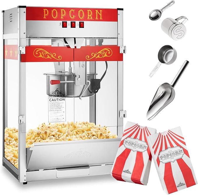 Olde Midway Commercial Popcorn Machine Maker Popper with Extra Large 16-Ounce Kettle - Red