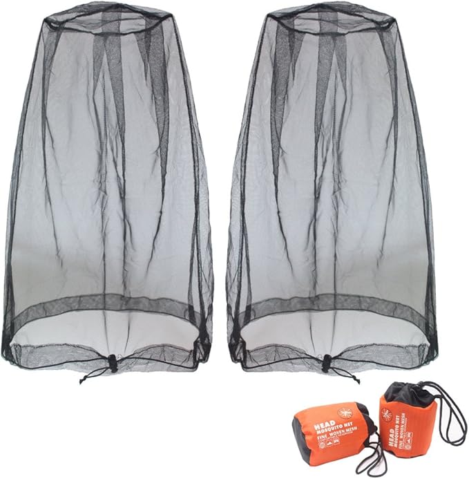 Benvo Mosquito Head Net Mesh, Face Neck Fly Netting Hood from Bugs Gnats Noseeums Screen Net for Any Outdoor Lover- with Carry Bags Fits Most Sizes of Hats Caps (2pcs, Black, Updated Big Net)
