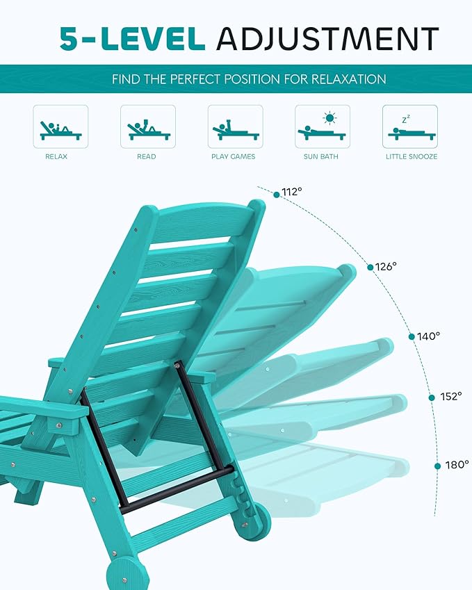 SERWALL Patio Chaise Lounge, HDPE All-Weather Outdoor Lounge Chair for Deck, Poolside, Aqua Blue, 1 pack