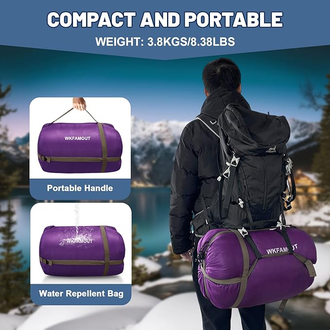 Double Sleeping Bag for Adults Machine Washable 2 Person Camping Sleeping Bag Queen Size Waterproof with Compression Sack for Cold Weather 3-4 Seasons