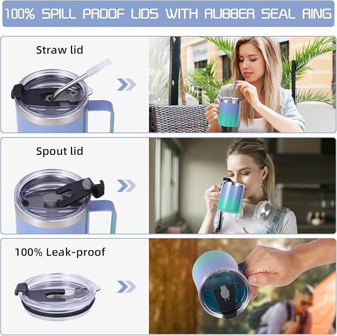 Volhoply 12oz Insulated Leakproof Coffee Mug with Flip & Straw Lid Bulk 2 Pack,Double Wall Vacuum Stainless Steel Travel Tumbler Cup with Handle,Camping Mugs Keep Cold/Hot(Purple Green,2 Set)