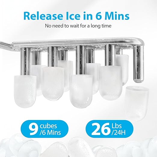 Aeitto Ice Makers Countertop, 9 Ice Cubes Release in 6 Mins, 26Lbs/24H, 2 Sizes of Bullet Ice Machine,Self-Cleaning Portable Ice Maker with Ice Scoop and Basket for Home Kitchen Office Bar RV, White