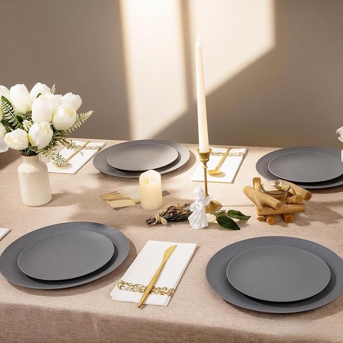 WONDERFUL 32pcs Dark Grey Plastic Plates Reusable Plates Unbreakable and Dishwasher safe Dishes Set Outdoor Plate Includes:16 Dinner 10" and 16 Dessert Plate 7.3" Suitable for BBQ & Camping