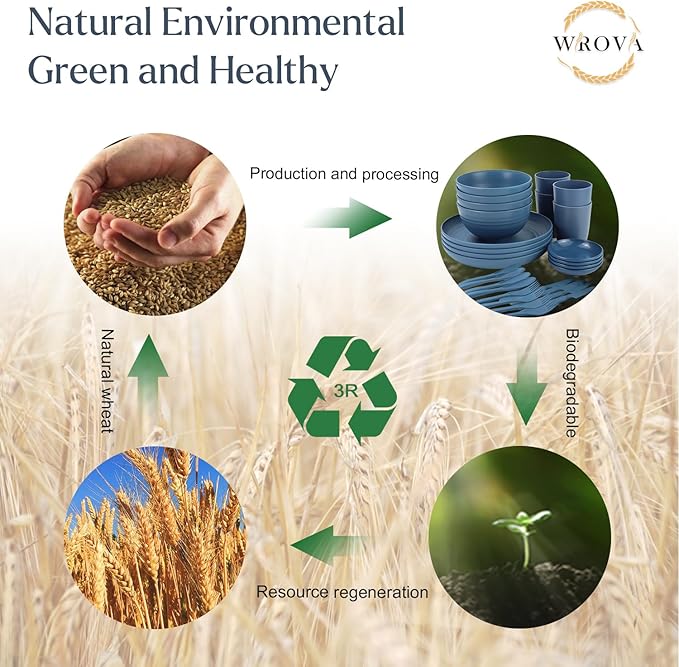 Wheat straw plates and bowls sets with cutlery - Unbreakable wheat straw dinnerware sets - Dishwasher safe plates,bowls,cups for apartment.Blue