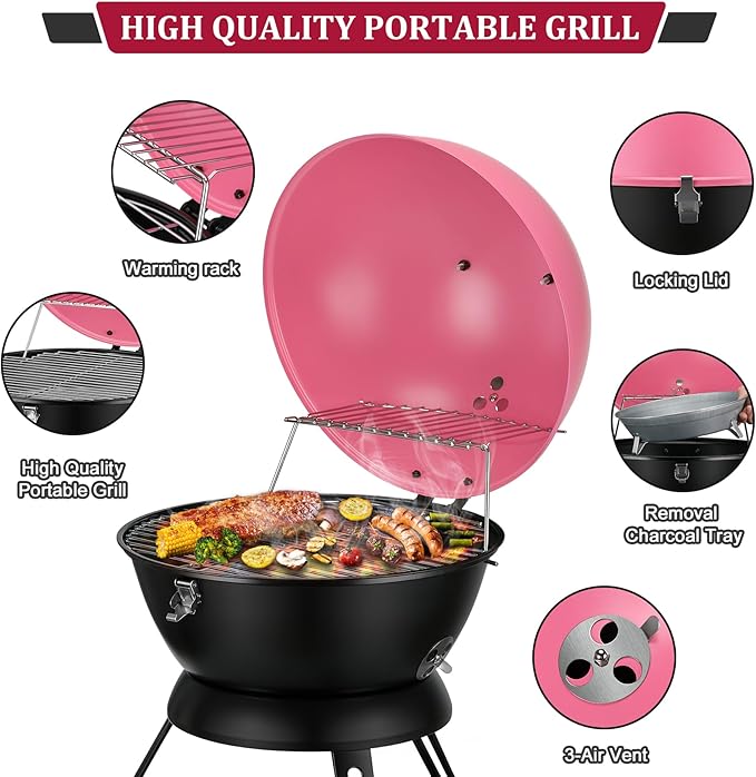 14inch Portable Charcoal Grill with Warming Rack, Small bbq Charcoal Grill Tabletop Foldable Grills for Backyard, Camping, Pink