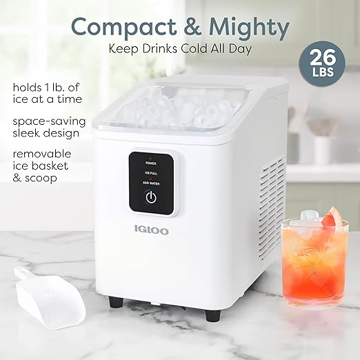 Igloo Self-Cleaning Countertop Ice Maker - Compact and Portable - Creates 26 lbs. Per Day, 8 Pieces Ready Every 7-8 Minutes - Includes Ice Scoop and Basket - White