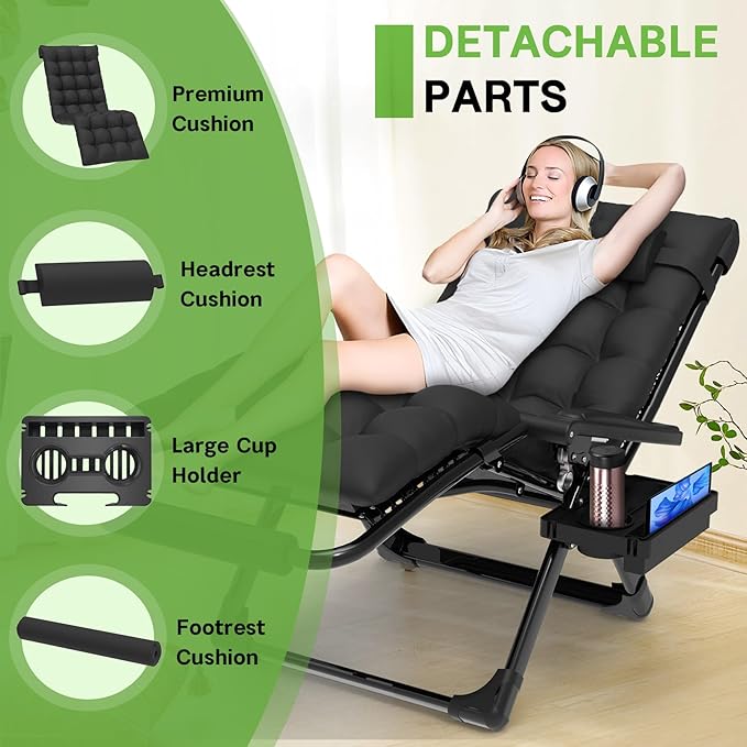 ZENPETIO 29In XL Zero Gravity Chair w/Cushion, Zero Gravity Recliner Lounge Chair for Indoor and Outdoor, Reclining Camping Chair for Lawn, Anti Gravity Chair with Cup Holder and Footrest, 440LBS