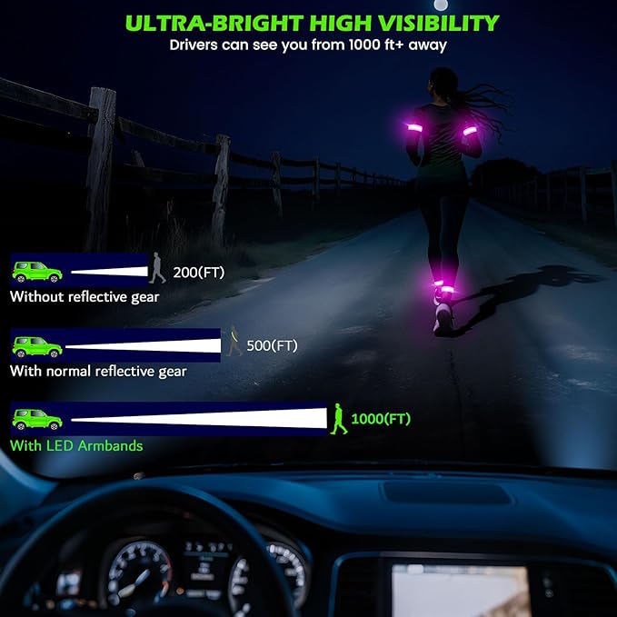 LED Armband for Running 2 Pack, 5 Colors 3 Lights Modes Rechargeable Reflective Light Up Arm Bands, High Visibility Reflective Gear for Running Walking Cycling at Night (Pink)
