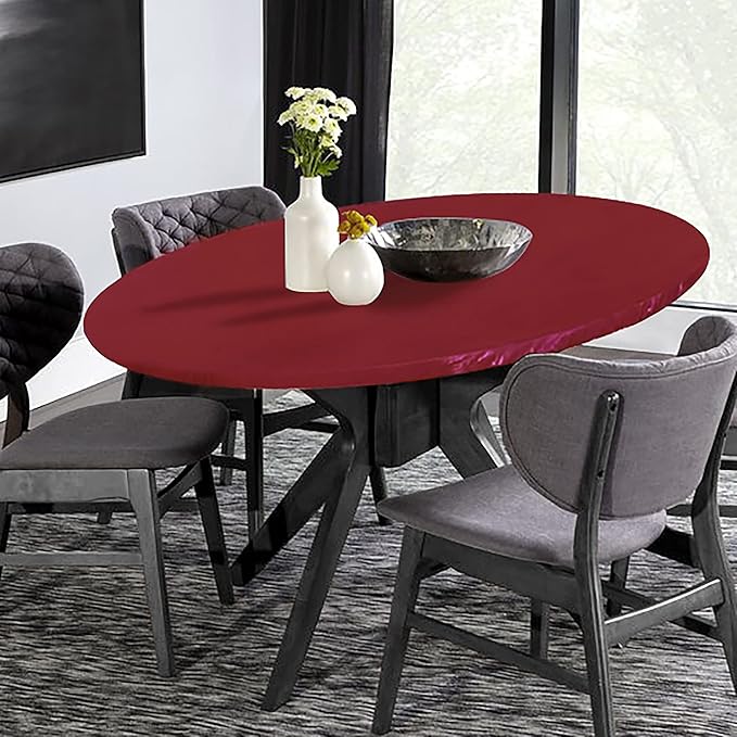 LUSHVIDA Round Waterproof Table Cover Elastic Vinyl Fitted Tablecloth Elastic Edged Plastic Table Cloth (Red, Best for Up to 45"-56" Round)