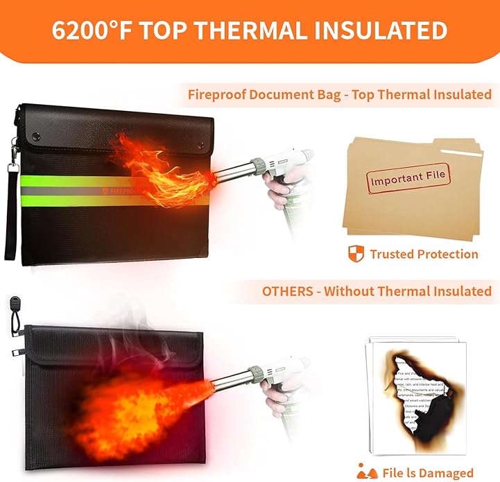 Upgraded Fireproof Document Bag 6200°F, 14.8in Big Waterproof Fireproof Safe with Zipper, 9 Layers of Heat Insulated Materials, Fireproof Money Bag for Cash, Important Documents and Valuables Fire Box