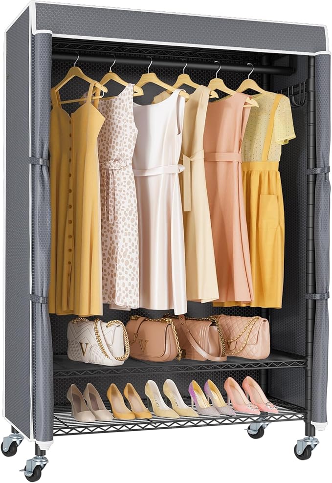 VIPEK R3C Rolling Clothes Rack with Cover Portable Closet for Hanging Clothes, Heavy Duty Garment Rack Clothing Racks with Wheels& Hanging Rod, Black Racks with Grey Upgraded Polyester Cover