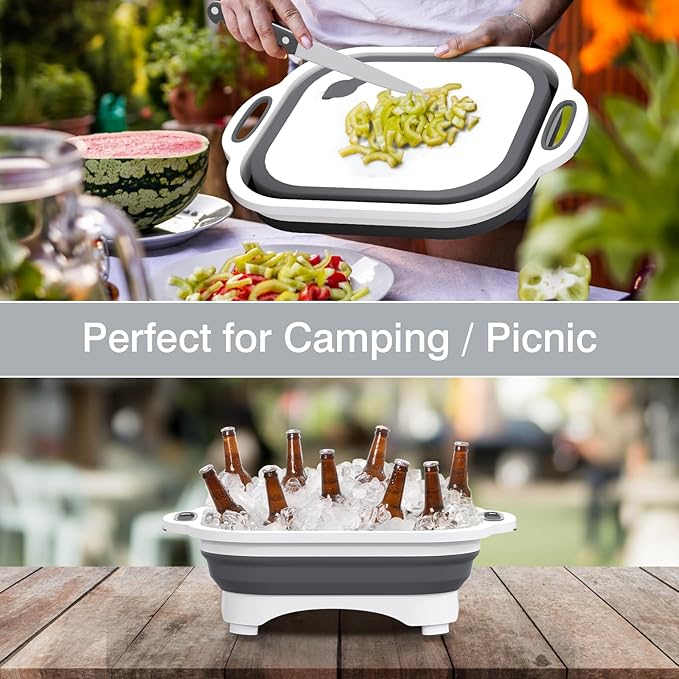 Collapsible Cutting Board,HI NINGER Camping cutting board with knife,Multifunctional Kitchen Vegetable Washing Basket Silicone Dish Tub for Camping Kitchen essentials/bbq prep tub/rv accessories
