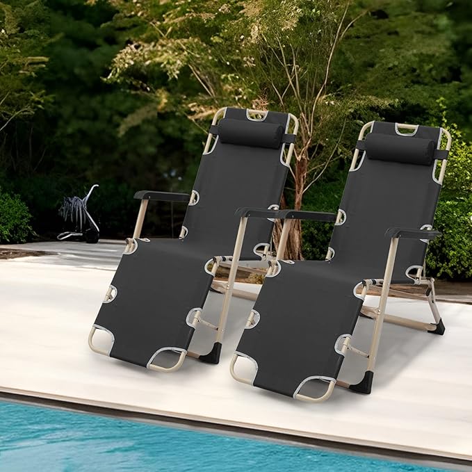 MoNiBloom Patio Folding Lounge Chair Set of 2 Outdoor Lawn Folding Lounge Reclining Lounger Chairs for Poolside Backyard Beach and Camping, 330lbs Capacity