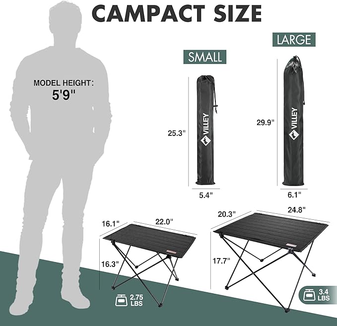 VILLEY Folding Camping Table with Carry Bag, Portable Lightweight Beach Table with Oxford Fabric and Reinforced Aluminum Panel for Outdoor, Camping, Picnic, Backyards, BBQ